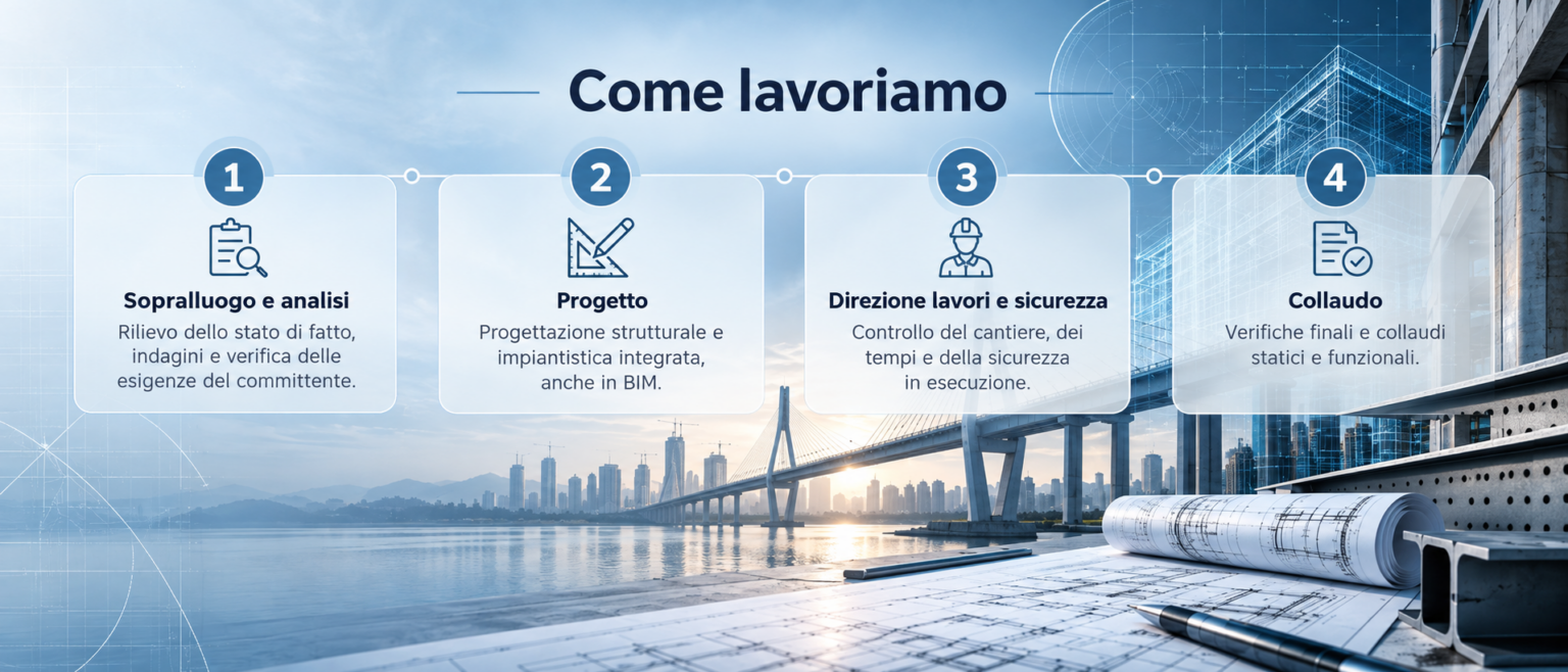 Come lavoriamo: 1. Sopralluogo e analisi – rilievo dello stato di fatto, indagini e verifica delle esigenze del committente; 2. Progetto – progettazione strutturale e impiantistica integrata, anche in BIM; 3. Direzione lavori e sicurezza – controllo del cantiere, dei tempi e della sicurezza in esecuzione; 4. Collaudo – verifiche finali e collaudi statici e funzionali.